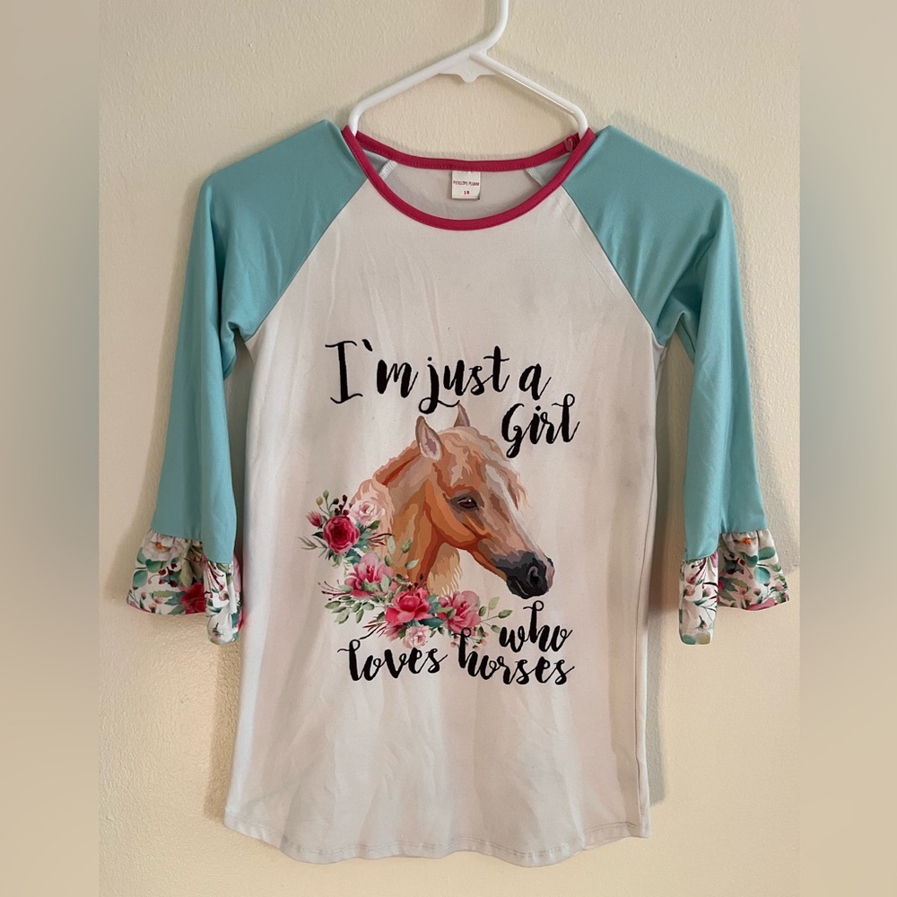 Penelope Plumm White Horse Boho Ruffle Hem Top Soft Kids Size 10 Horse Lover